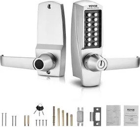 VEVOR Mechanisch sleutelloos deurslot met enkelzijdig toetsenbord (14 sleutels), sleutelloos deurslot met handvat en sleutels, ingebouwd codeslot voor thuis, kantoor, buiten, hek, tuin, zilver