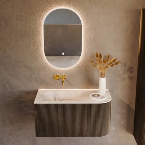 Mondiaz Kurve-dlux 85cm badmeubel ronding rechts shadow met 1 lade en deur en wastafel cloud links zonder kraangat frappe