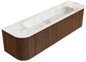 Mondiaz Kurve-dlux 170cm badmeubel ronding links/rechts walnut met 1 lade en 2 deuren en wastafel big large midden zonder kraangat frappe