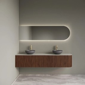 Gliss Design Alluro badmeubel ribbelfront met ronding rechts 180cm walnut en wit marmer toppaneel