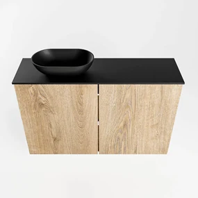 Mondiaz Fowy toiletmeubel 80cm washed oak met zwarte waskom links en kraangat