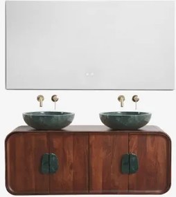 Dubbel Zwevend Badkamermeubelset 130x45 Cm Van Mangohout En Natuurlijke Kivalina-steen Groen Marmer Uit Udaipur - Donker Mangohout & 2 X Onde Groene -