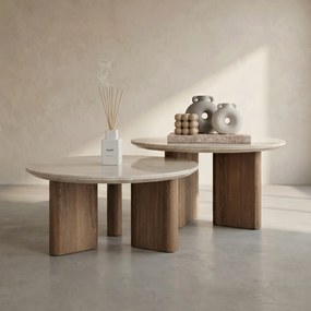 Salontafelset Rond Hout En Travertin