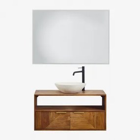 Baty Mangohouten Badkamermeubelset Mangohout & Rond Cement Wit Ø40 Cm Zavion & Rechthoekige Led En Anticondens 100x70 Cm Riben & Zwart - Sklum