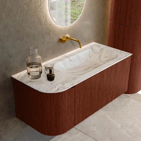 Mondiaz Kurve-dlux 105cm badmeubel ronding links ruby met 1 lade en deur en wastafel big small rechts zonder kraangat glace