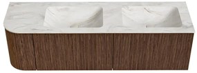 Mondiaz Kurve-dlux 155cm badmeubel ronding links walnut met 2 lades en 1 deur en wastafel leaf dubbel/rechts 2 kraangaten ostra