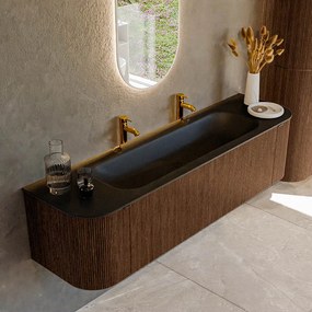 Mondiaz Kurve 170cm badmeubel ronding links/rechts walnut met 1 lade en 2 deuren en wastafel big large midden 2 kraangaten urban