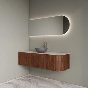Gliss Design Alluro badmeubel ribbelfront met ronding rechts 140cm walnut en wit marmer toppaneel
