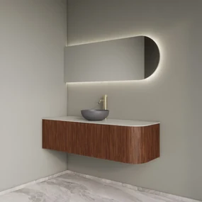 Gliss Design Alluro badmeubel ribbelfront met ronding rechts 140cm walnut en wit marmer toppaneel