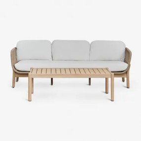 Tuinset Met 3-zitsbank En Rechthoekige Salontafel 120x60 Cm Van Acaciahout En Gevlochten Touw Karvia Lichte Acaciekleur & Stof Wit - Sklum