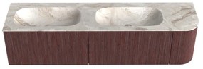 Mondiaz Kurve-dlux 175cm badmeubel ronding rechts ruby met 2 lades en 1 deur en wastafel stor small dubbel/links zonder kraangat frappe