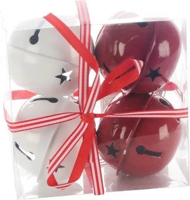 Set van 4 kerstbelletjes - Diameter 6cm - rood & wit