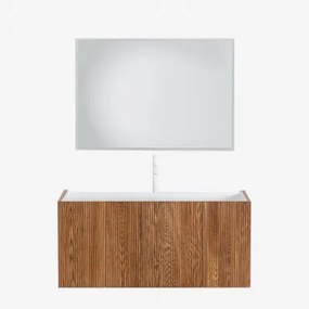 Badkamermeubelset In Hout Met Geïntegreerde Wastafel Fiore Donker Hout & Rechthoekige Led En Anticondens 100x70 Cm Riben & Wit ↑30 - Sklum