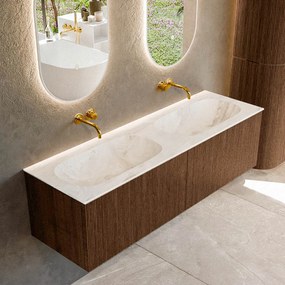 Mondiaz Kurve-dlux 150cm badmeubel walnut met 2 lades en wastafel stor small dubbel zonder kraangat frappe