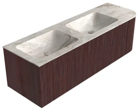 Mondiaz Kurve-dlux 145cm badmeubel ronding rechts ruby met 1 lade en deur en wastafel leaf dubbel/links zonder kraangat frappe