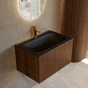 Mondiaz Kurve 70cm badmeubel walnut met 1 lade en wastafel big small midden 1 kraangat urban