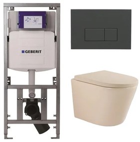 QeramiQ Dely Swirl Toiletset - 36.3x51.7cm - Geberit UP320 inbouwreservoir - slimzitting - bedieningsplaat antraciet mat - rechthoekige knoppen - beige 0701131/SW1102377/SW1000770/SW1026259