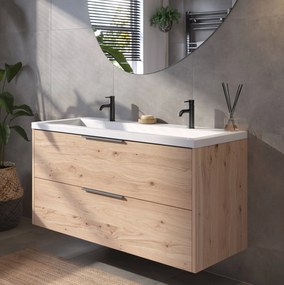 Saqu Lima badmeubel incl. glans witte wastafel met 2 kraangaten 120x52x64cm naturel eiken – geborsteld zwarte greep