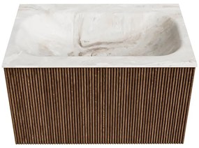 Mondiaz Kurve-dlux 70cm badmeubel walnut met 1 lade en wastafel big small midden zonder kraangat frappe