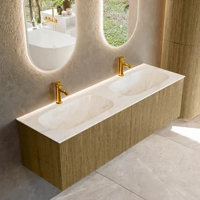 Mondiaz Kurve-dlux 150cm badmeubel dusk met 2 lades en wastafel stor small dubbel 2 kraangaten ostra