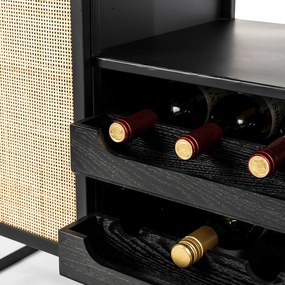 Wijnkast Japandi Zwart Met Rotan - 80x38x100cm.