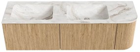 Mondiaz Kurve-dlux 155cm badmeubel ronding rechts oak met 2 lades en 1 deur en wastafel leaf dubbel/links 2 kraangaten frappe