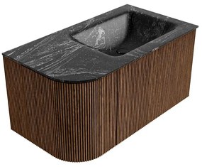 Mondiaz Kurve-dlux 85cm badmeubel ronding links walnut met 1 lade en deur en wastafel cloud rechts zonder kraangat lava