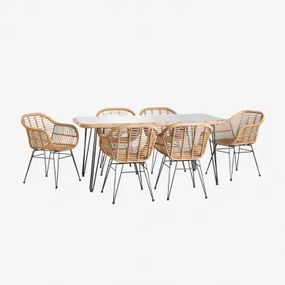 Leribert Rechthoekige Kunststof Rieten Tafelset (180x90 Cm) En 6 Zole Kunststof Rieten Tuinstoelen Natuurlijk & Geen Kussen - Sklum