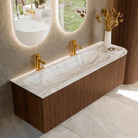 Mondiaz Kurve-dlux 145cm badmeubel ronding rechts walnut met 1 lade en deur en wastafel big large links 2 kraangaten glace