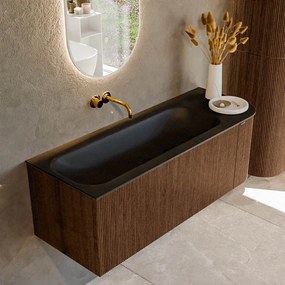 Mondiaz Kurve 125cm badmeubel ronding rechts walnut met 1 lade en deur en wastafel big medium links zonder kraangat urban