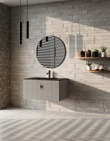 Muebles Raya badmeubel ribbelfront 80cm grijs eiken met zwarte wastafel met kraangat