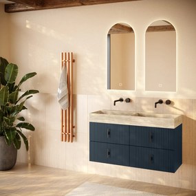 Muebles Murcia badmeubel ribbelfront 120cm marine blauw met White Travertin wastafel zonder kraangaten