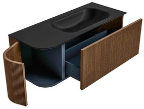 Mondiaz Kurve 115cm badmeubel ronding links walnut met 1 lade en deur en wastafel big small kraangat rechts urban