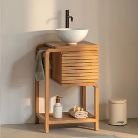 Bradley Teakhouten Badkamermeubelset Rond Wit Keramiek Ø30 Cm Calgari & Spiegelloze & Zwart ↑30 Cm Met Aftapkraan Zonder - Sklum