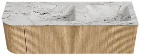 Mondiaz Kurve-dlux 145cm badmeubel ronding links oak met 1 lade en deur en wastafel leaf dubbel/rechts 2 kraangaten glace