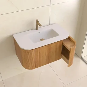 Lambini Designs Eleganza rond badmeubel 80cm acacia met ribbelfront en wastafel met kraangat