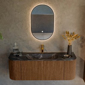 Mondiaz Kurve-dlux 130cm badmeubel ronding links/rechts walnut met 1 lade en 2 deuren en wastafel big small midden 1 kraangat lava