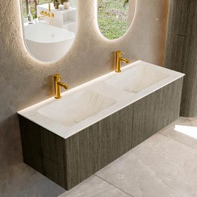 Mondiaz Kurve-dlux 130cm badmeubel shadow met 2 lades en wastafel leaf dubbel 2 kraangaten opalo