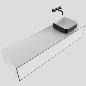 Zaro Lagom volledig naadloos solid surface onderkast met topblad 160cm mat zwart met 2 lades Push tot open. Compleet met solid surface opzetkom met 0 kraangat(en)