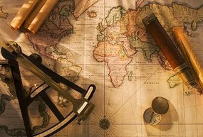 Foto Octant, compass and telescope on nautical map, Tetra Images
