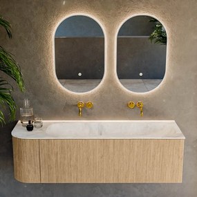 Mondiaz Kurve-dlux 145cm badmeubel ronding links oak met 1 lade en deur en wastafel big large rechts zonder kraangat frappe