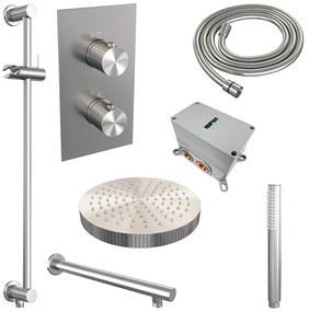Brauer Stripe inbouw regendouche met 25cm hoofddouche, met rechte muurarm, glijstang en staafhanddouche set 19 RVS geborsteld PVD