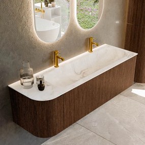 Mondiaz Kurve-dlux 145cm badmeubel ronding links walnut met 1 lade en deur en wastafel big large rechts 2 kraangaten frappe