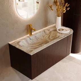 Mondiaz Kurve-dlux 105cm badmeubel ronding rechts ruby met 1 lade en deur en wastafel big small kraangat links glace