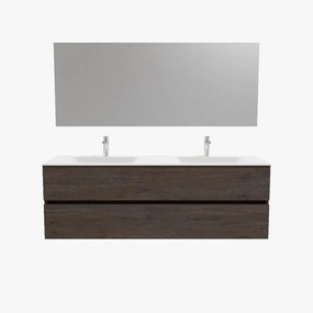 Zaro Valencia Solid Surface badmeubel 150cm donker eiken 2 kraangaten dubbele spoelbak met 2 lades