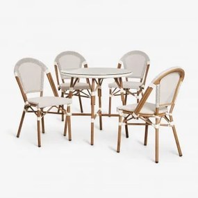 Set Ronde Tafel Ø80 Cm En 4 Stapelbare Eetkamerstoelen In Aluminium Brielle Bistro Gardenia Wit - Sklum