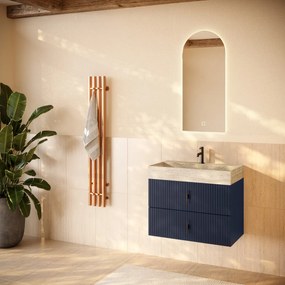 Muebles Murcia badmeubel ribbelfront 80cm marine blauw met White Travertin wastafel met kraangat