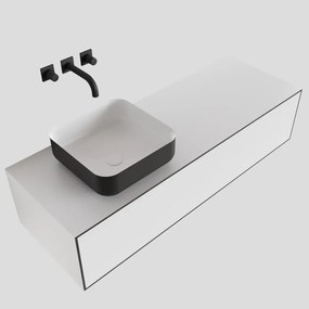 Zaro Lagom volledig naadloos solid surface onderkast met topblad 130cm mat zwart met 1 lades Push tot open. Compleet met solid surface opzetkom met 0 kraangat(en)