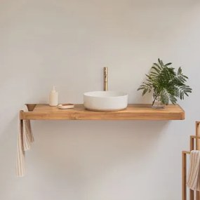 Conjunto Van Meubel 130x45 Cm Hangend In Teakhout Neill Teakhout & Rond Keramiek Wit Ø40 Cm Lenka & Spiegelloze & Geborsteld Goud ↑30 Cm Met Aftapkraa