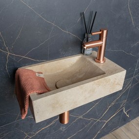 Saniclear White Travertin fonteinset met rechte kraan in geborsteld koper